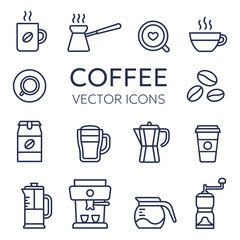 Coffee thin line icons set, coffee shop elements