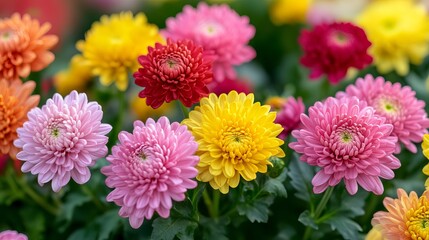 A closeup shot of a chrysanthemum in vibrant rainbow colors creating a colorful floral background