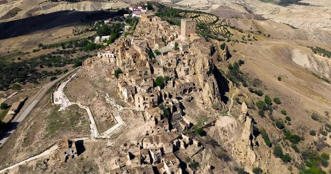 Above View Of Desolate Ghost Town Of Craco, Matera Province, Basilicata, Southern Italy. Aerial Shot