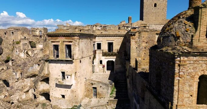 Scenic View Of Craco, Ghost Town In Italy, In The Province Of Matera. Aerial Pullback Shot