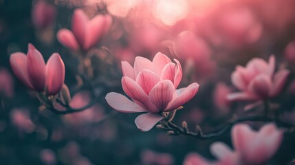 Pink magnolia flowers blooming in spring garden