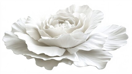 80.A white English rose falls gracefully in the air, with its soft, layered petals capturing the light against a bright white backdrop. The petals are slightly curled at the edges, adding texture and