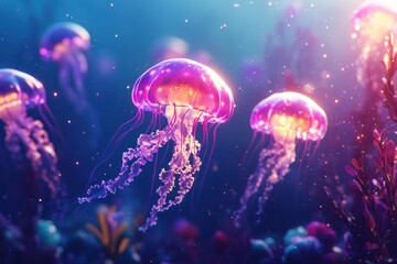 A group of bioluminescent jellyfish swim through the ocean, their translucent bodies glowing with an ethereal light.
