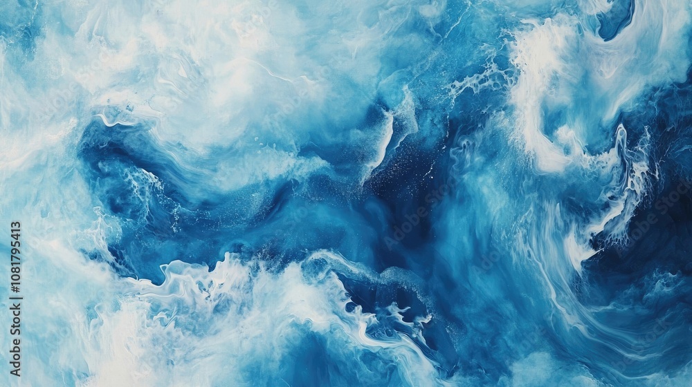 Poster abstract painting capturing the essence of ocean waves and clouds, with a focus on their dynamic mov