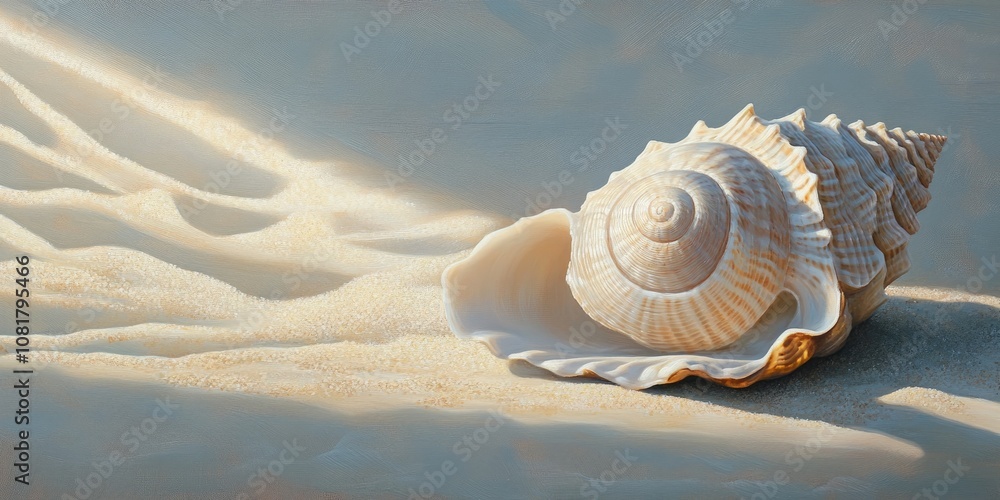 Poster close up of a white seashell resting on sand, illuminated by sunlight, casting gentle shadows in the