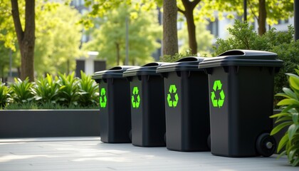 Recycle to save wildlife. A row of black recycling bins with green logos in a landscaped area, promoting eco-friendly waste management and recycling practices.