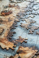 Close up of wooden jigsaw puzzle pieces.
