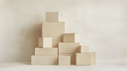 Fototapeta premium 86.A neat stack of cardboard boxes of various sizes arranged in a simple formation against a plain white background. The smooth surfaces and clean edges of the boxes reflect a sense of organization