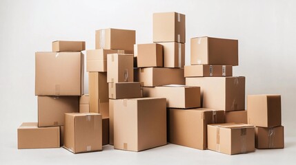 Fototapeta premium 87.A tall stack of cardboard boxes, neatly piled on top of one another, isolated against a bright white background. The varying sizes and shapes of the boxes create a dynamic composition, symbolizing