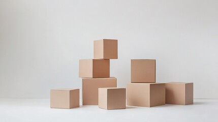 Obraz premium 88.Several stacked cardboard boxes, arranged in a balanced formation against a plain white background. The boxes have smooth, brown surfaces with crisp edges, conveying a sense of order and