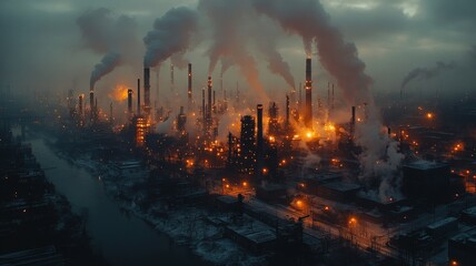 Modern Factory Complex at Dusk with Smokestacks