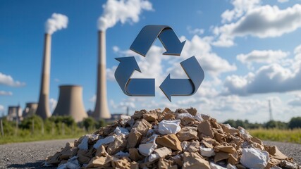 Naklejka premium Recycle to save wildlife. An industrial scene featuring a recycling symbol over a pile of waste with smokestacks in the background, highlighting environmental concerns and waste management.