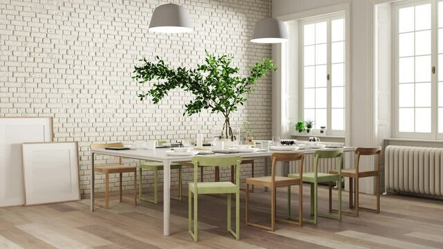 3d Render of dinningroom with white brick wall and old wood floor. Big windows with natural light. Wood table and chairs. Big plant and ceiling lamps.