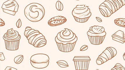 93.A collection of bakery and coffee icons, drawn by hand with clean, simple lines, arranged in a geometric background pattern. The soft, minimalist design includes croissants, muffins, and coffee