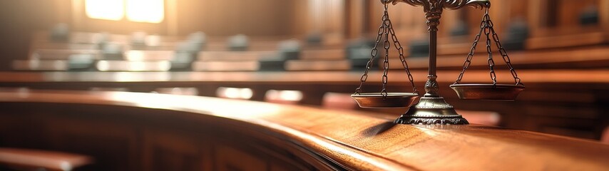 A detailed view of a courtroom with focused lighting highlighting justice scales on a wooden table.