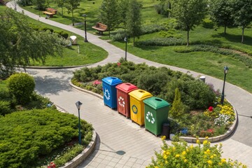 Aerial View of Colorful Trash Cans with Recycling Symbols in a Sunny City Park, Highlighting Sustainable Waste Management Practices in Urban Green Spaces