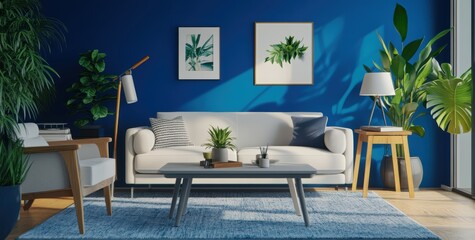 Blue Living Room Interior.