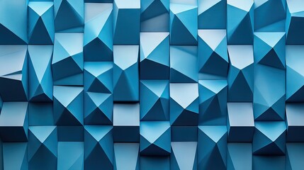 Obraz premium Stacked azure 3D geometric shapes display a non-reflective, matte texture, emphasizing the unique forms and vibrant shades of azure. Ample copy space enhances the visual impact.