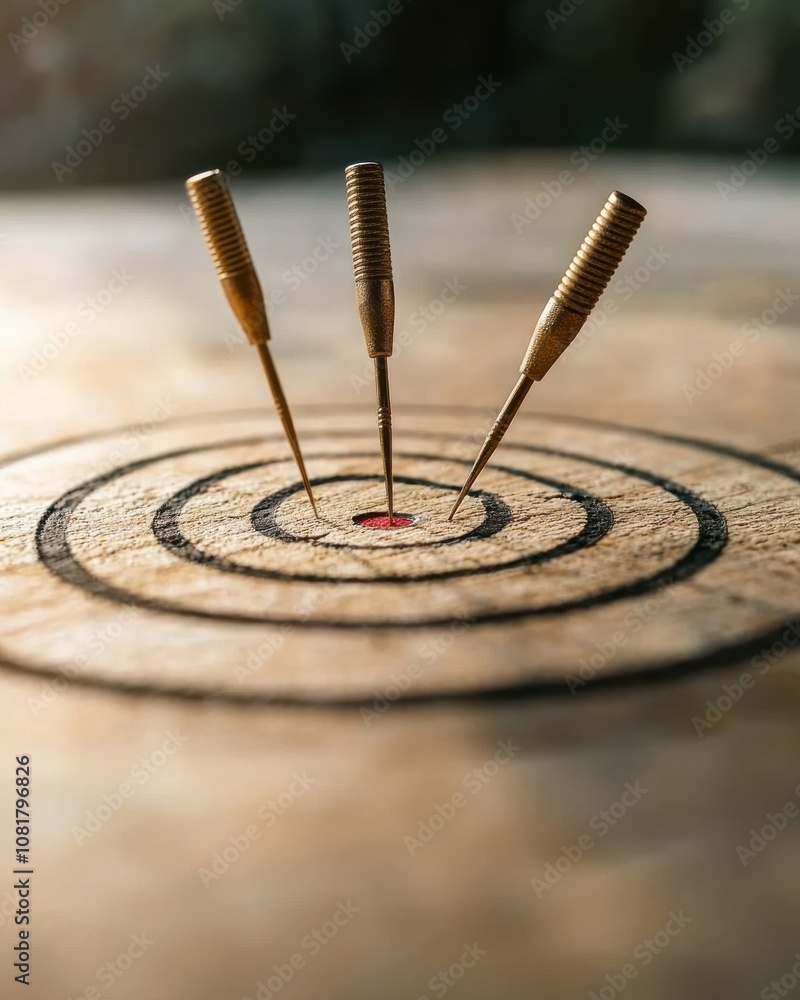 Poster a close-up of a dartboard with three darts embedded in the target, showcasing precision and focus in