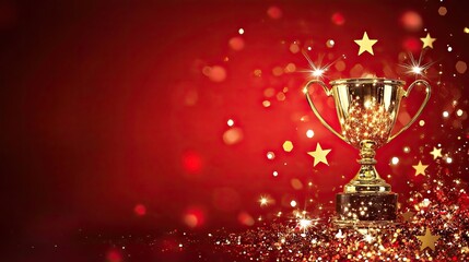 A shiny gold trophy embellished with sparkling stars represents excellence and achievement, set against a vibrant red festive background with ample space for text.
