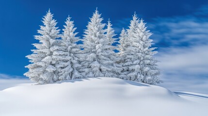 A serene winter landscape featuring snow-covered trees against a blue sky.