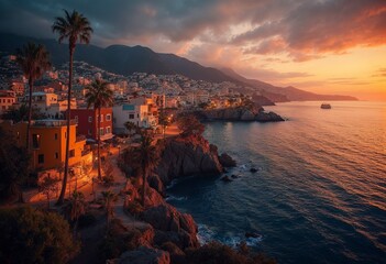 A coastal town with colorful apartment buildings nestled among palm trees, overlooking a body of water
