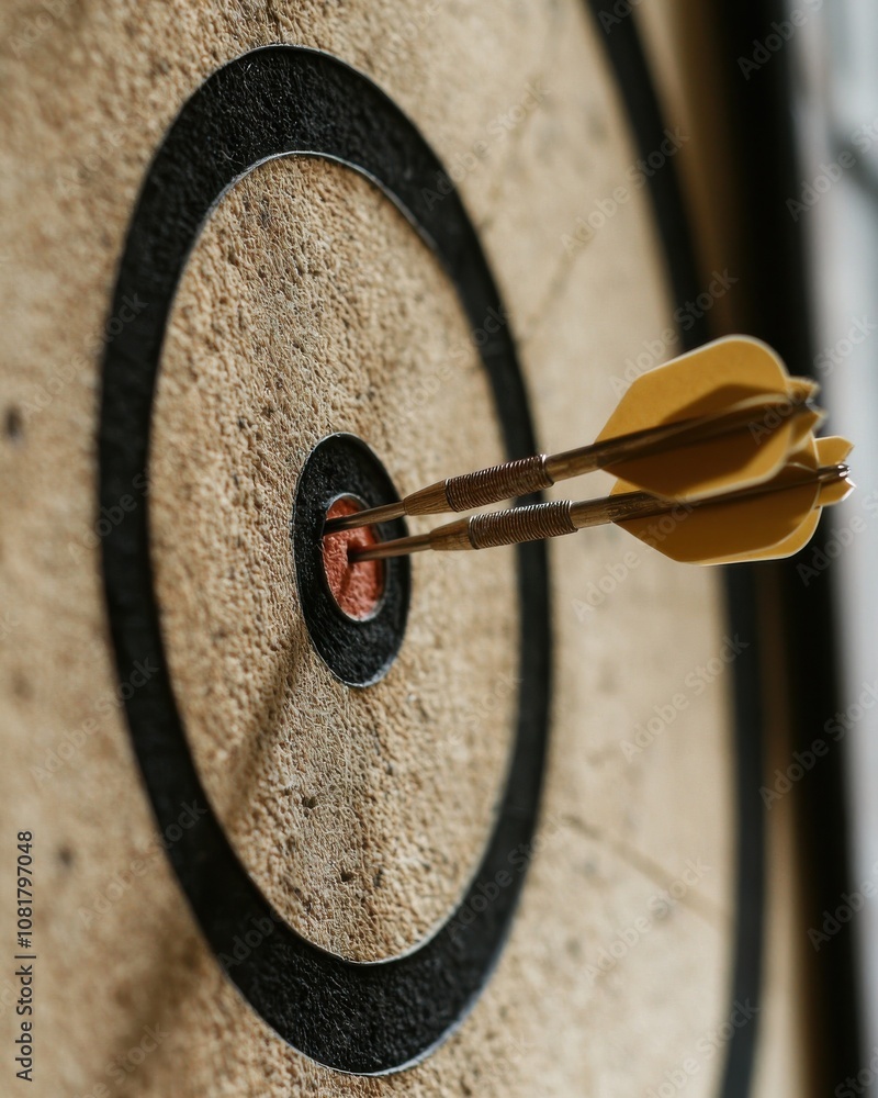 Poster a close-up of a dartboard featuring three darts striking the bullseye, emphasizing precision and ski