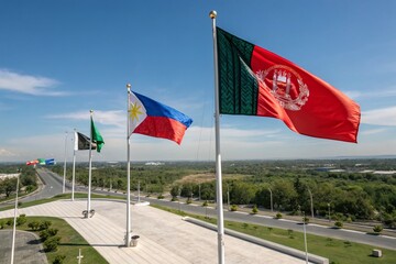 Aerial View of Flags of the Philippines and Afghanistan Waving Together Against a Clear Sky, Symbolizing Unity and Cultural Diversity in a Global Context
