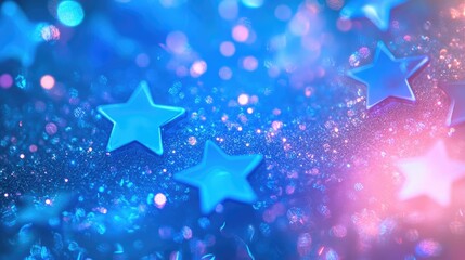 Abstract holographic texture background enriched with neon blue stars, creating a visually stunning design for various artistic applications. Abundant photo style copy space available.