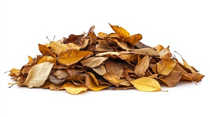 A mound of mostly brown leaves, with a few bright yellow leaves on top, scattered lightly, isolated on white background