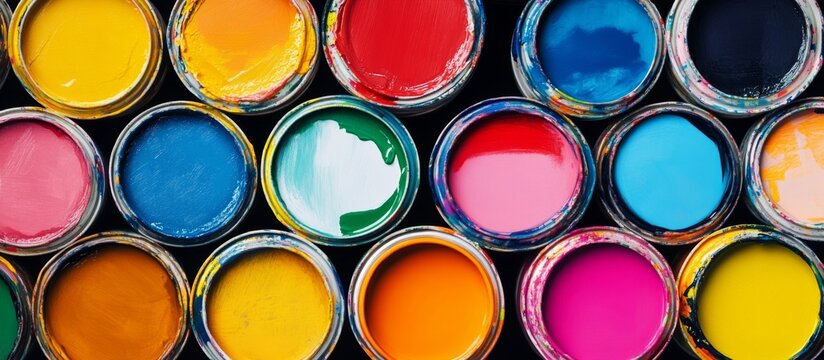 Various types of colored paint cans for Household Hazardous Waste disposed in a tidy and organized manner.