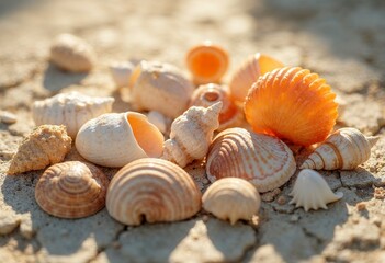 Assorted seashells in various shapes, sizes, and colors including white, beige, and orange shells on a textured surface