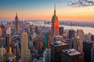 Aerial View of New York City Bathed in Sunrise Glow, Capturing Iconic Skyline and Landmarks, Vibrant Colors and Serene Atmosphere in a Generative AI Illustration