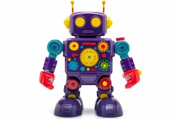 Colorful toy robot with gears and wheels.