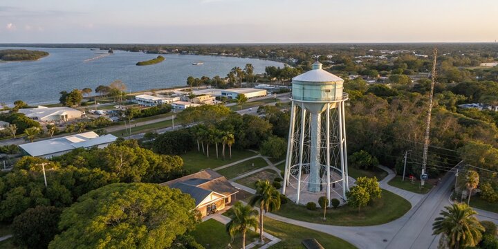Aerial View of Stuart Florida Water Tower: Captivating Architectural Photography Showcasing the Town's Iconic Water Tower Surrounded by Lush Greenery and Scenic Landscape Views