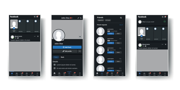 Facebook dark mode interface showing profile, friends list, and feed screens. Social media layout for user profile and interaction.