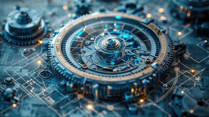 A close-up of a complex, intricate gear system, showcasing a futuristic mechanical design with glowing blue light.
