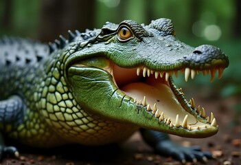 Fototapeta premium A close-up of a green crocodile or alligator with its mouth open, revealing sharp teeth