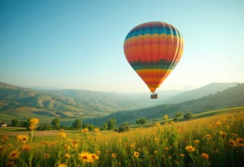 Naklejka premium A colorful hot air balloon floating over a rural landscape with green fields and rolling hills in the background