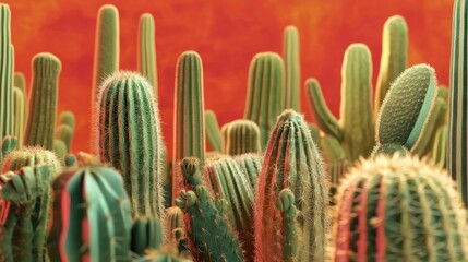 Assorted cactus plants with unique shapes and textures, forming a desert-inspired background