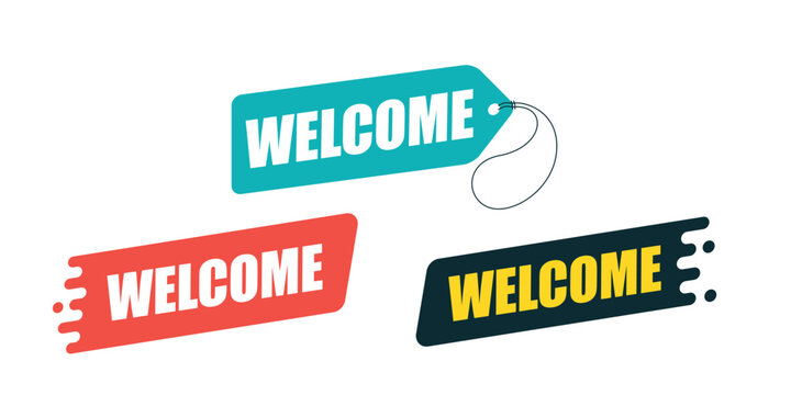 Welcome tags with bold text in various colors. Labels for greetings and introductory messages in marketing and events.
