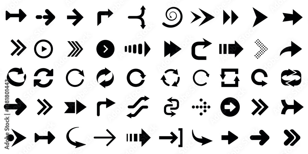 Poster assortment of various arrow icons in different styles and directions. collection for navigation and 
