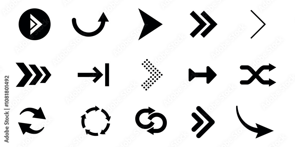 Poster collection of minimal arrow icons in different shapes and orientations. navigation symbols for ui an