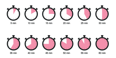 Set of stopwatch icons indicating time intervals from 5 to 60 minutes. Countdown timers for scheduling and time tracking.