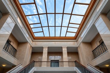 Stunning ornamental skylight in natural light, showcasing exquisite Art Deco design and intricate details.