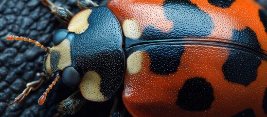 Close-up of a ladybug with black spots and orange body.