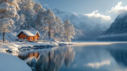 Fototapeta premium A cozy cabin sits on the snowy shore of a tranquil lake surrounded by a forest of snow-covered trees, mountains in the background, and a brilliant blue sky overhead.
