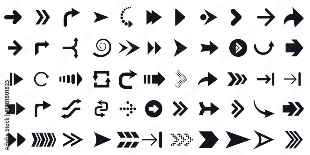 Poster assortment of arrow icons in diverse styles and directions. collection for navigation, movement, and