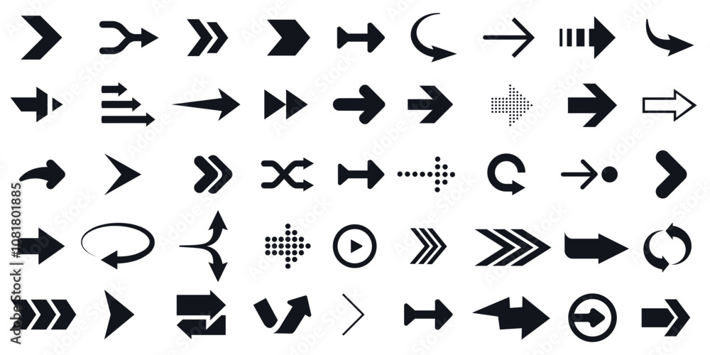 Poster assortment of arrow icons in diverse styles and directions. collection for navigation, movement, and