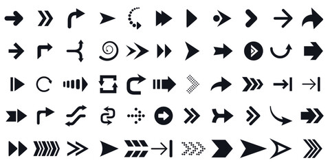Assortment of arrow icons in diverse styles and directions. Collection for navigation, movement, and directional indicators.